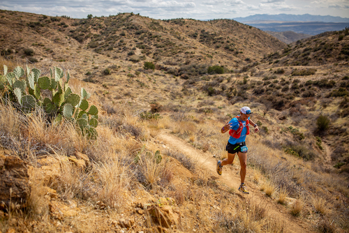 The World Trail Majors Black Canyon Ultra a man is running across a western desert landscape with cacti and scrubby hills