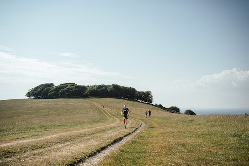 The World Trail Majors - A runner approaches the camera across a flat, grassy plain with a small group of trees on the horizon behind them