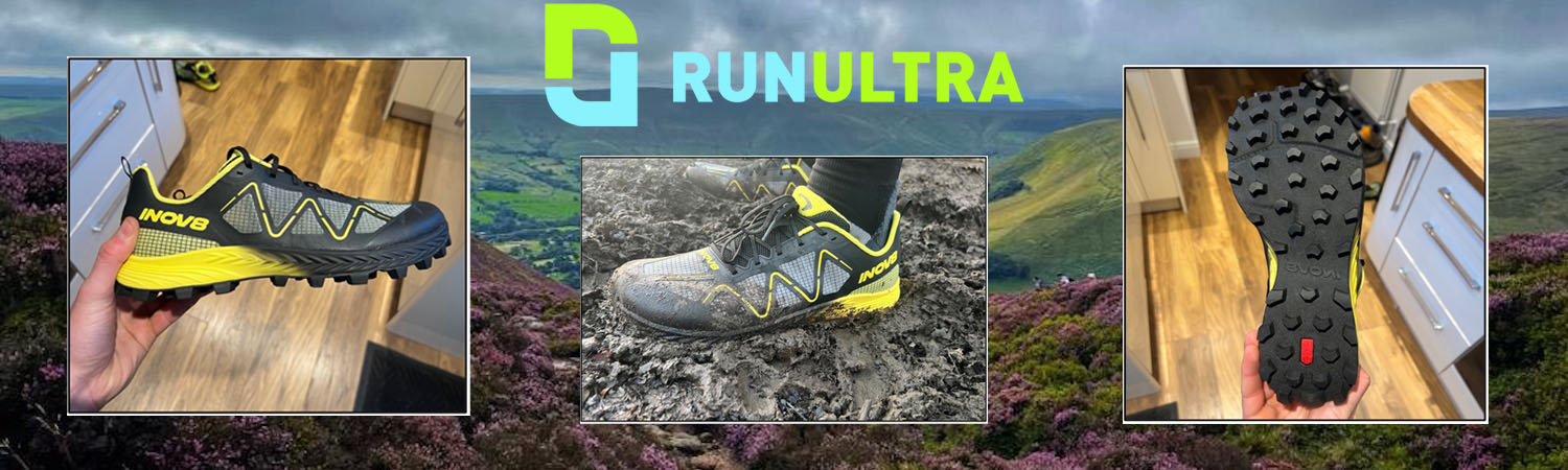 inov8 MUDTALON SPEED RunUltra Review header collage of three images showing the trainer on a background of the Peak District