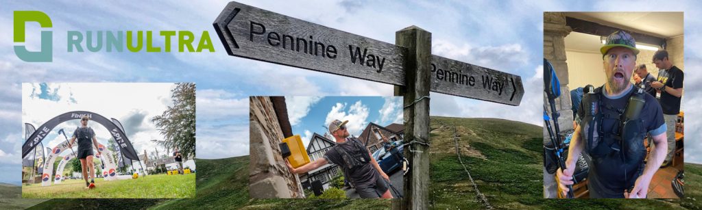The Inaugural Summer Spine Challenger North Sam Hill race report. An image of a fingerpost with Pennine Way on it, with three smaller images set on the background image. The first one is of Sam crossing the finishing line, the second is of Sam touching the wall of the pub at the finish and the third one is Sam looking shocked with his mouth open looking at the camera at a checkpoint.