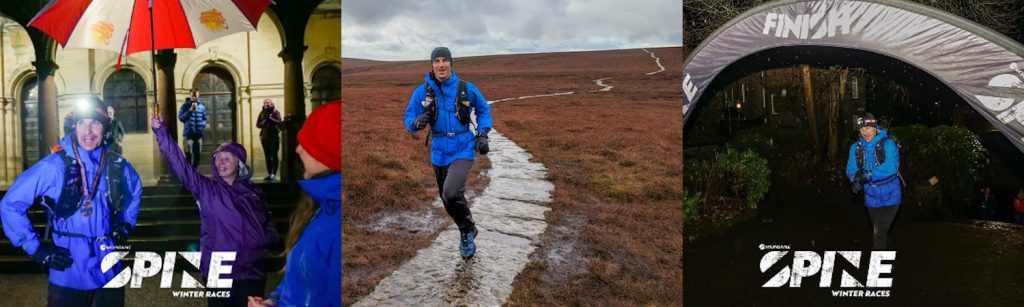 three images put together of a man running through bad weather and in the dark winning a trail running race