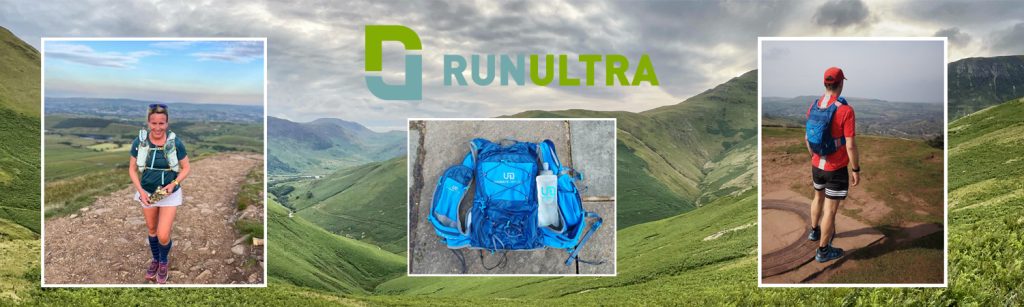 Ultimate Direction Adventure Vest Vesta 6.0 RunUltra Review collage of images showing the vest on the ground and one image showing a woman wearing a green vest and the last image showing a man staring out over a view wearing a blue vest